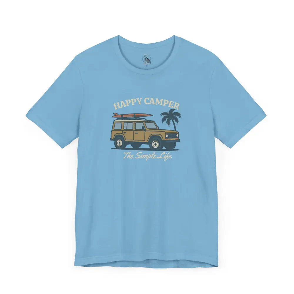 Light blue Happy Camper tee with adventure graphic, short-sleeved vacation outfit