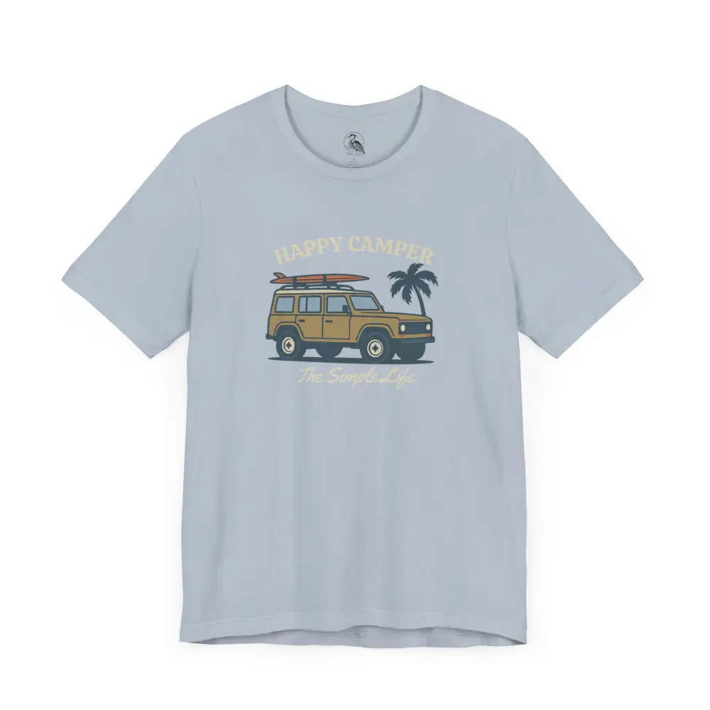 Happy Camper Tee: Light Blue Adventure Shirt with SUV and Palm Tree