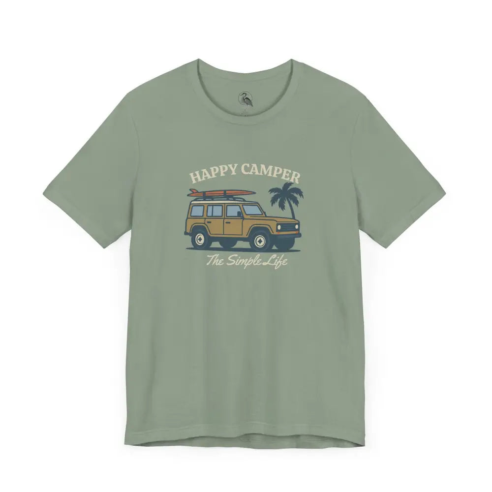 Happy Camper Tee: Sage Green Adventure Shirt with SUV and Palm Graphic