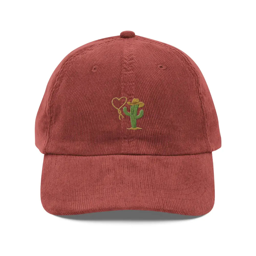 Trini Skies embroidered corduroy hat with heartbreaker cowboy cactus design