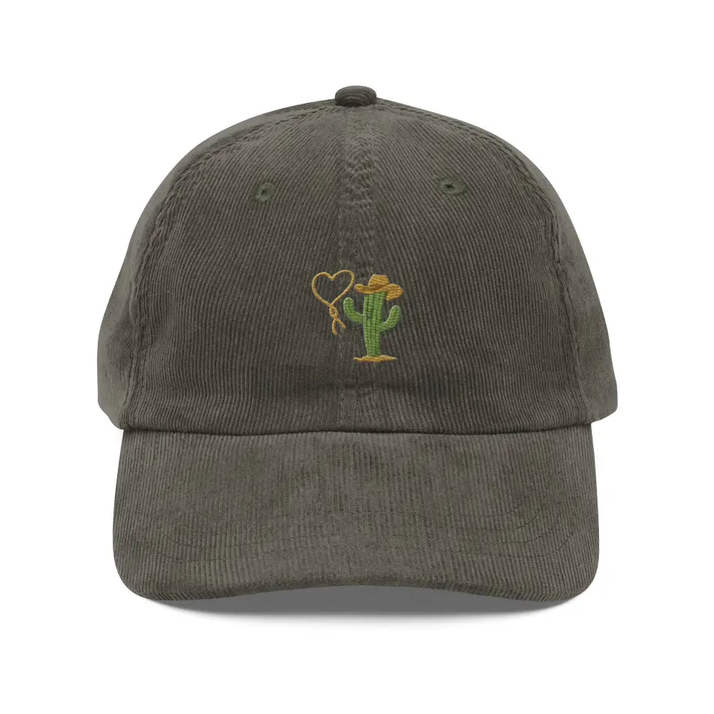 Olive green embroidered corduroy hat with heartbreaker cowboy cactus design by Trini Skies