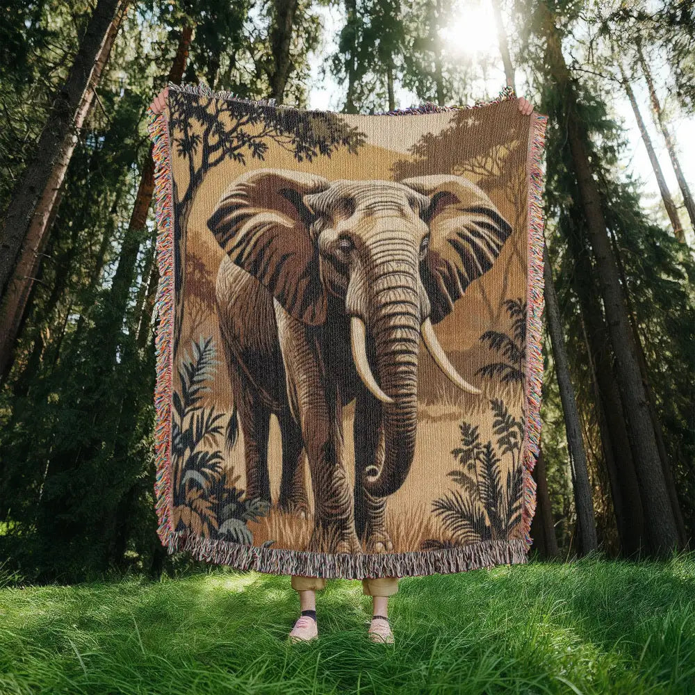 Heirloom elephant woven blanket with detailed jungle elephant on lodge inspired textile throw nature backdrop
