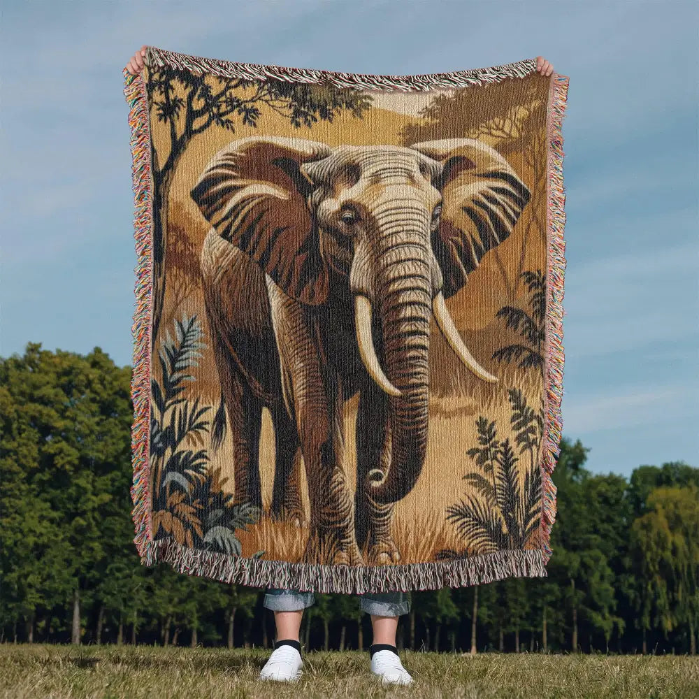 Heirloom elephant woven blanket with textured African elephant in earthy tones