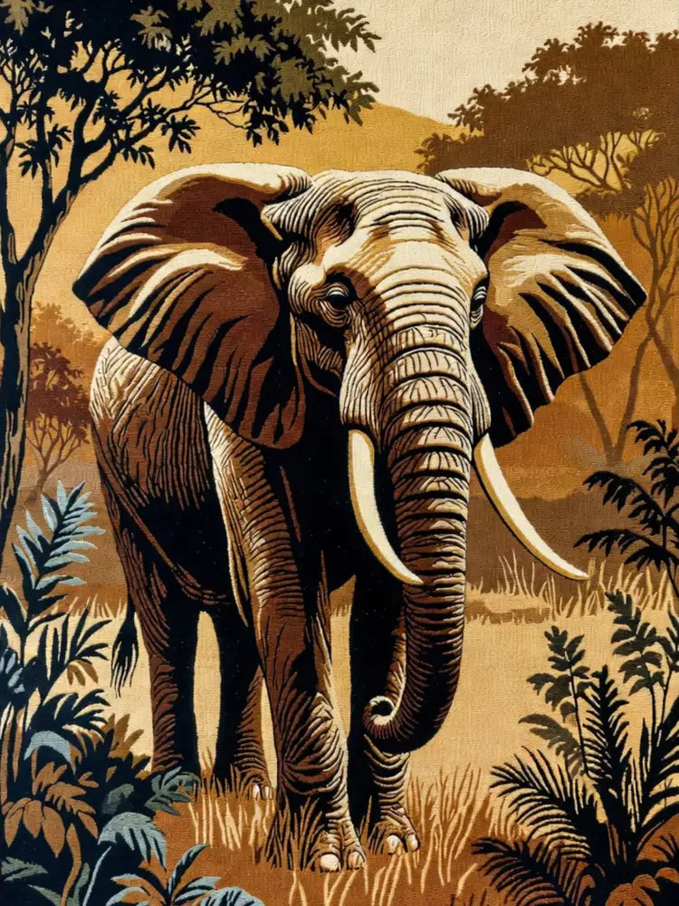 Sepia-toned heirloom elephant woven blanket with majestic tusks in savanna foliage