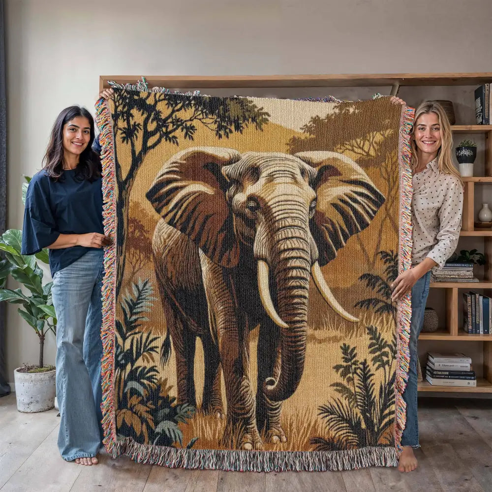 Heirloom elephant woven blanket with tusked elephant on savanna