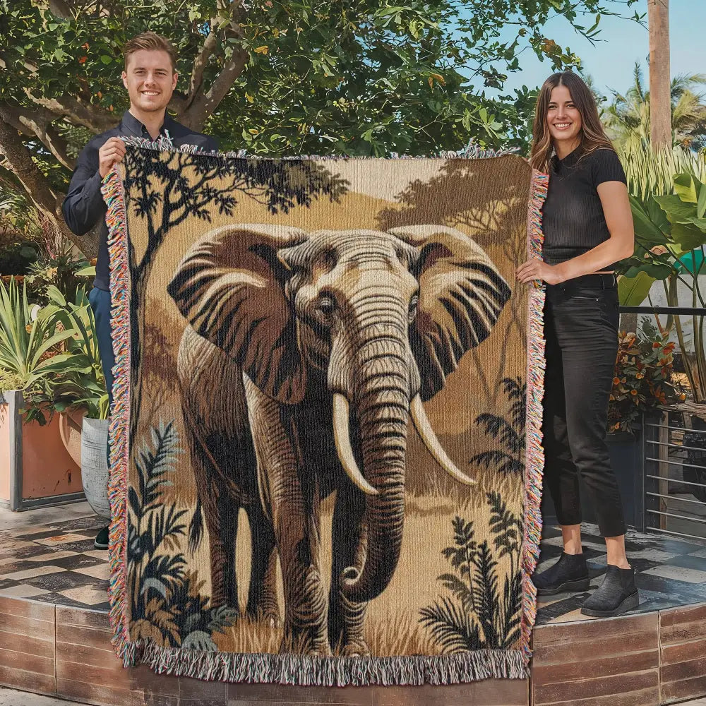 Heirloom elephant woven blanket with tusked elephant in jungle foliage