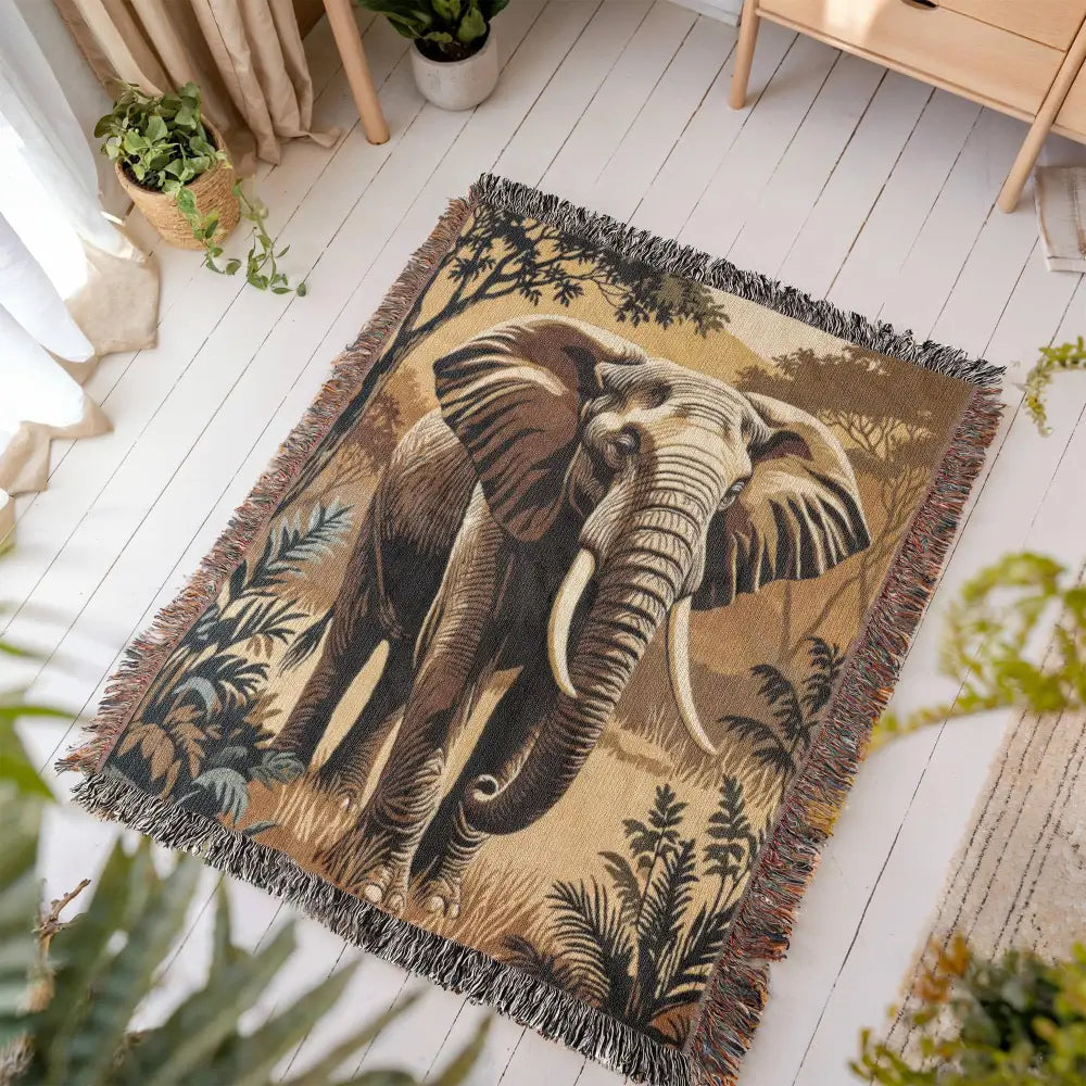 Heirloom elephant woven blanket with embroidered safari elephant and jungle foliage