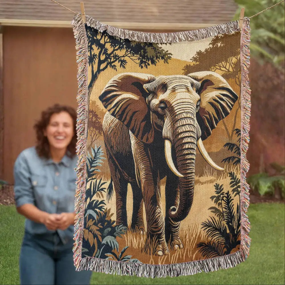 Heirloom elephant woven blanket with lodge inspired textile jungle scene