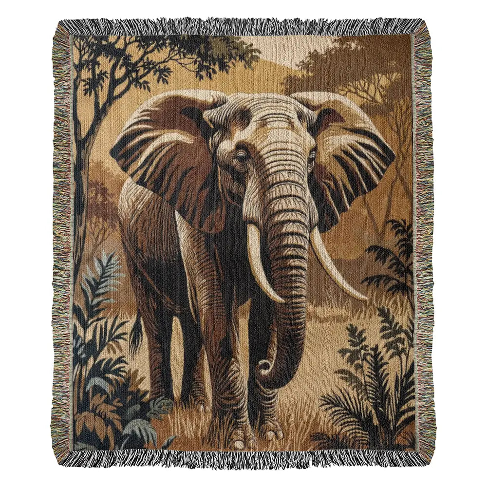 Heirloom elephant woven blanket with tusked elephant on savanna, lodge inspired textile throw nature