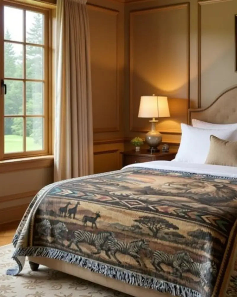Heirloom lion woven blanket with safari inspired zebras, giraffes