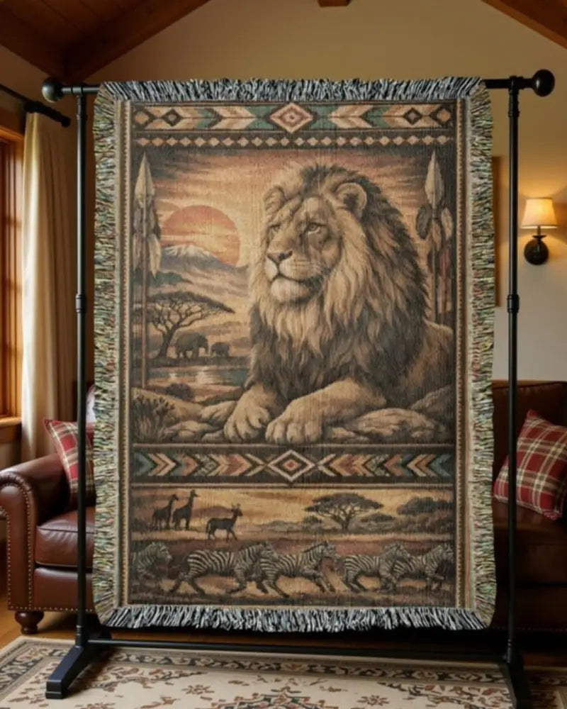 Heirloom lion woven blanket: majestic savanna tapestry, safari inspired textile nature gift