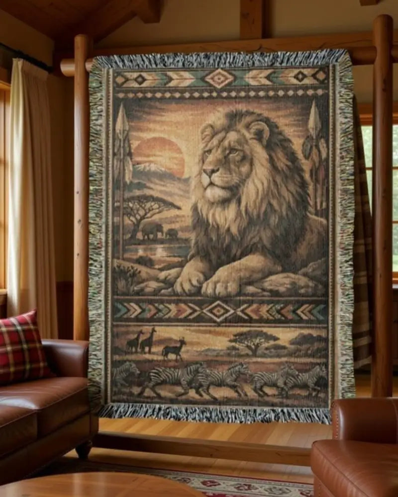 Heirloom lion woven blanket with safari inspired textile savanna scene