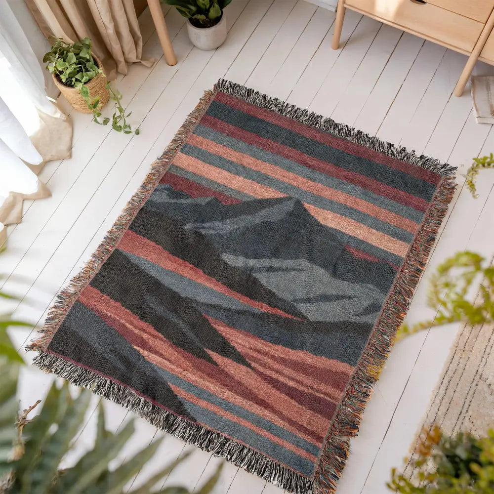 Heirloom mountain woven blanket with abstract landscape textile design