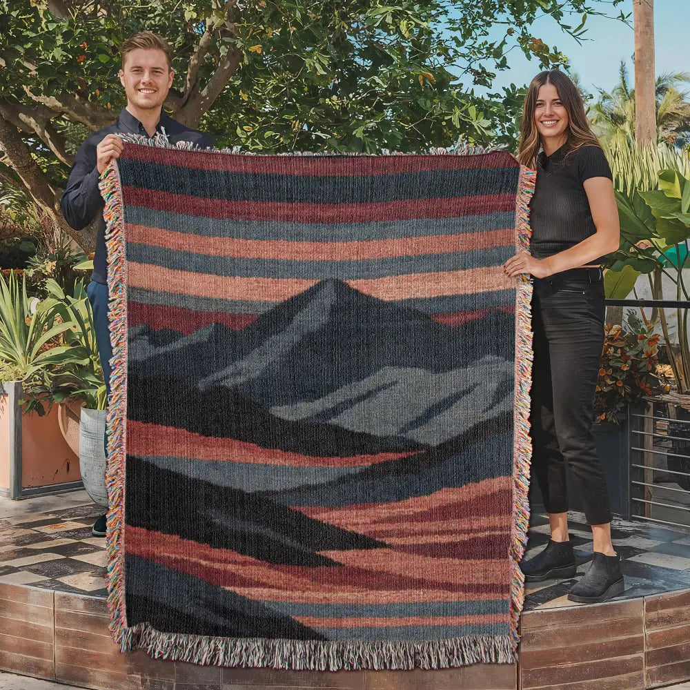 Heirloom mountain woven blanket with abstract landscape textile throw design