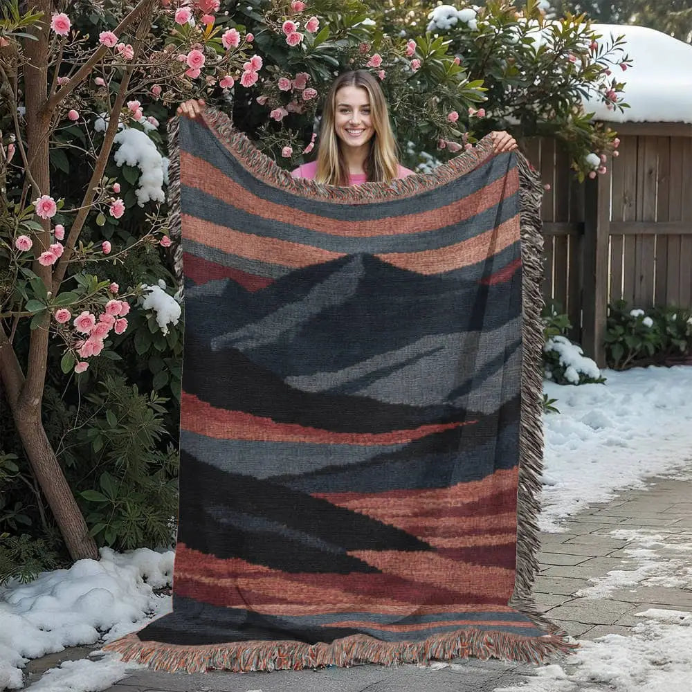 Heirloom mountain woven blanket with abstract landscape textile design