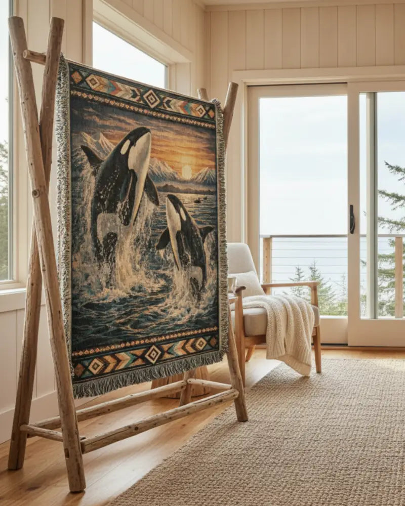 Orca woven blanket with leaping orcas, sunset waves, geometric borders