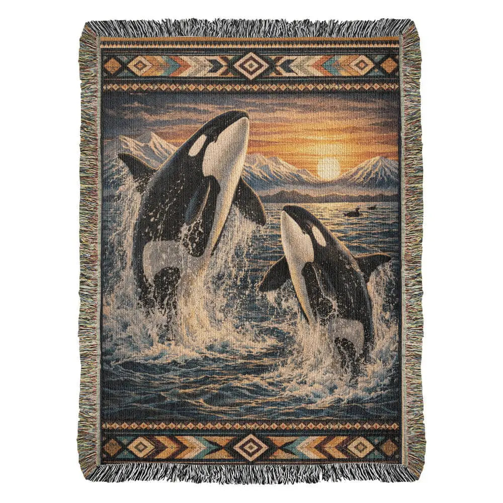 Heirloom orca woven blanket with leaping orcas, sunset waves, mountains