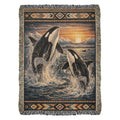 Heirloom orca woven blanket with leaping orcas, sunset waves, mountains