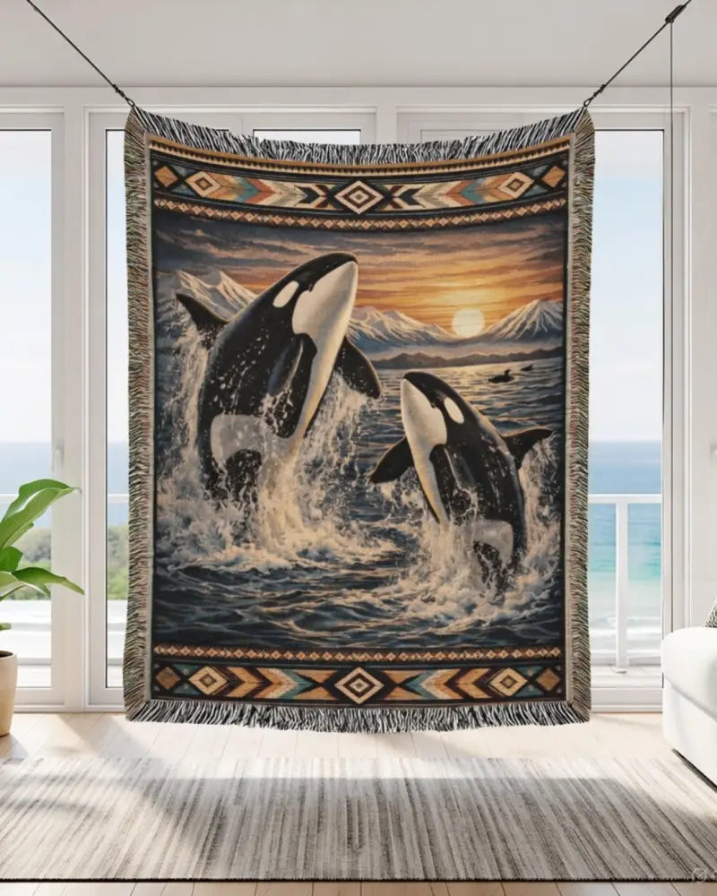 Heirloom woven orca blanket with leaping orcas, sunset waves, tribal patterns