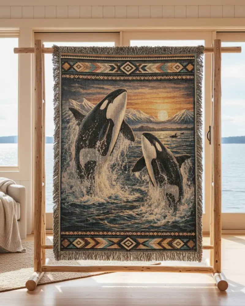 Woven orca blanket with leaping orcas at sunset, lodge inspired textile