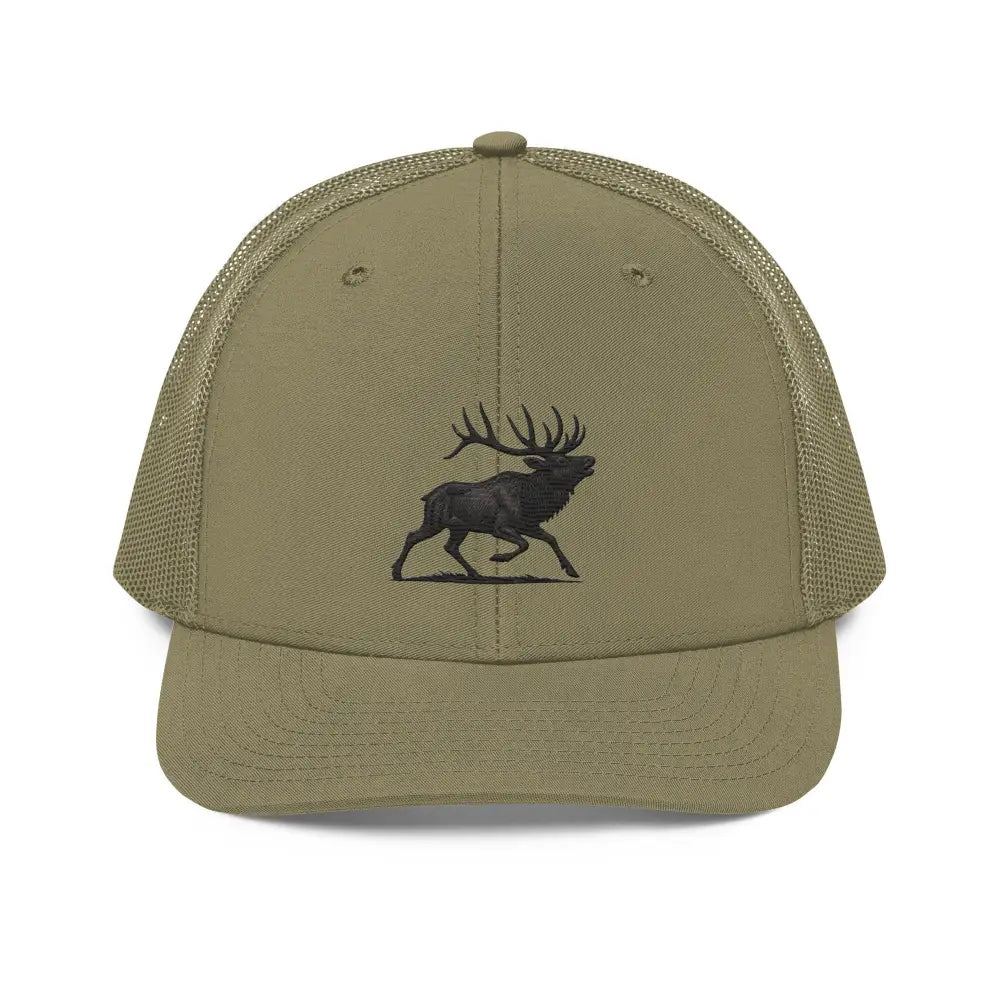 Olive green Heritage Elk trucker cap with embroidered black elk and Trini Skies logo