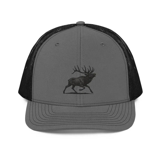 Gray trucker cap with black mesh back and embroidered elk design Heritage Elk Trucker Cap