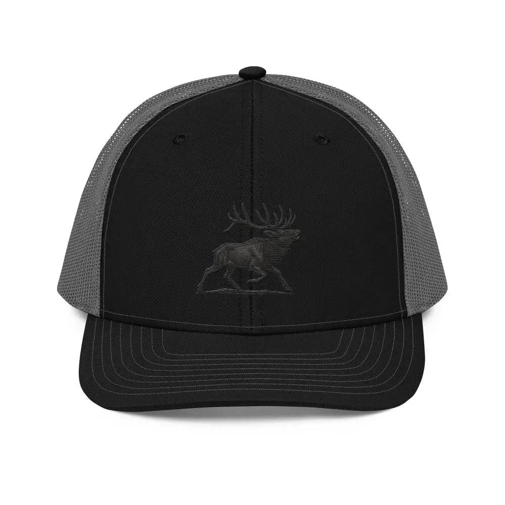 Black and gray mesh trucker cap with Heritage Elk embroidery and Trini Skies logo