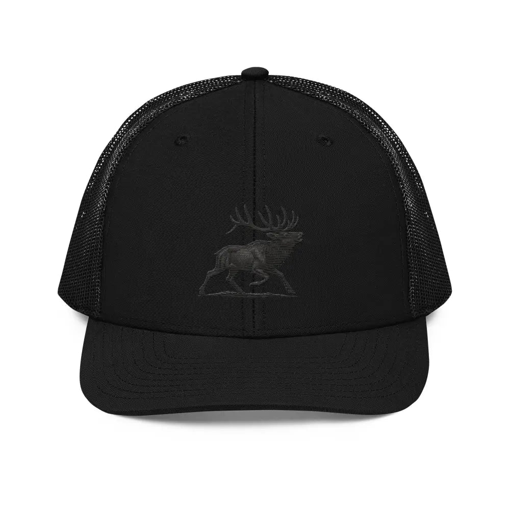 Black trucker cap with embroidered elk design from Heritage Elk Trucker collection