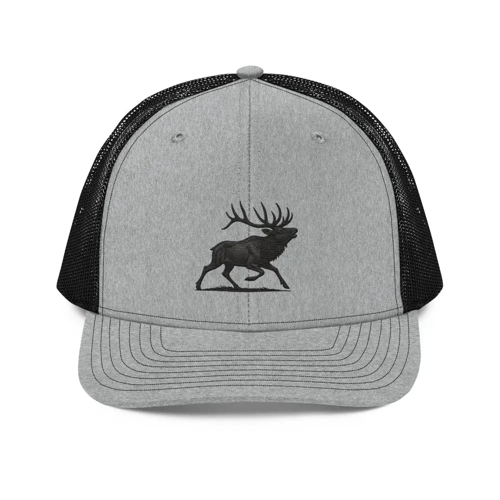 Gray and black Heritage Elk Trucker Cap with embroidered elk, ideal as a wildlife trucker hat