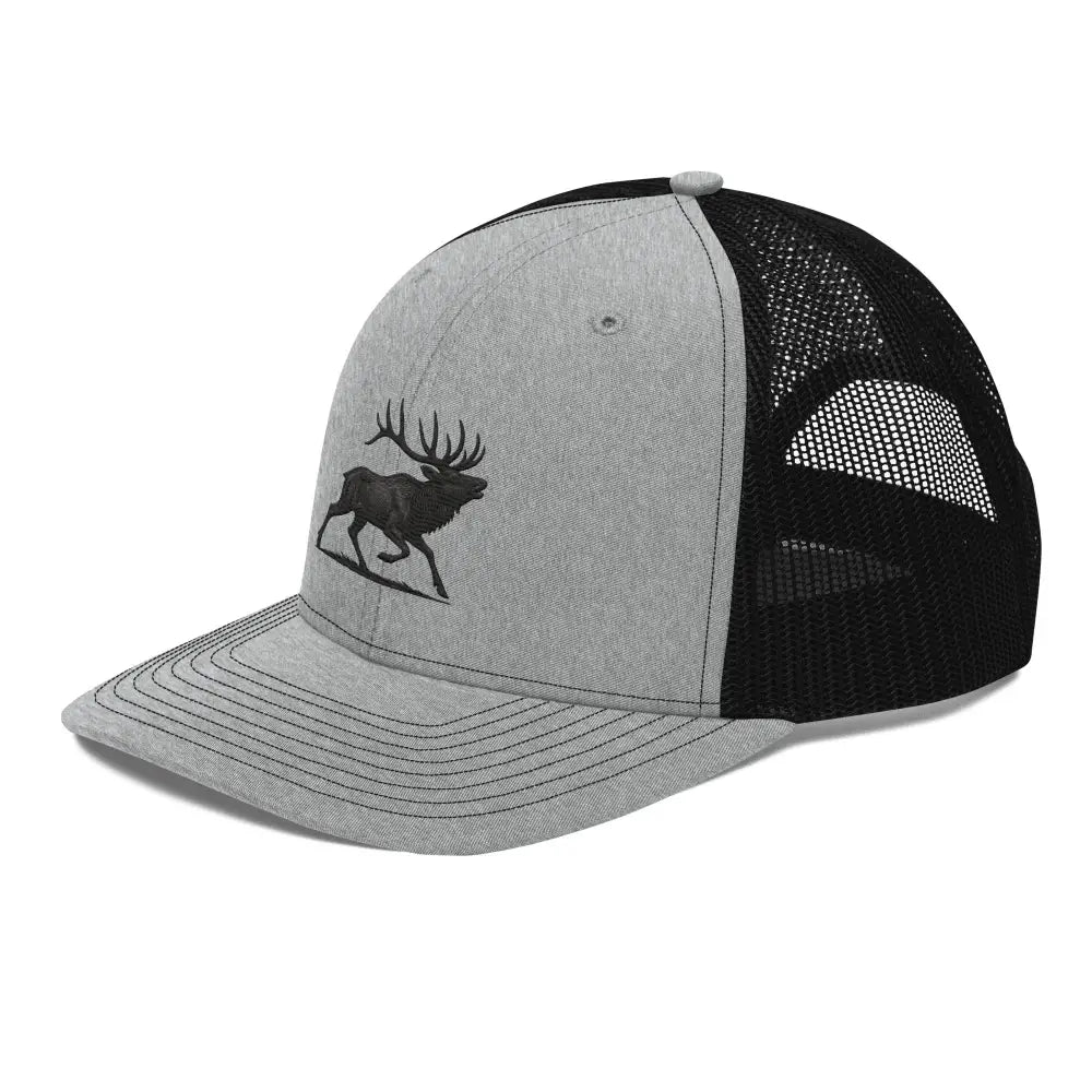 Heritage Elk Trucker Cap with Gray Black Design and Embroidered Elk