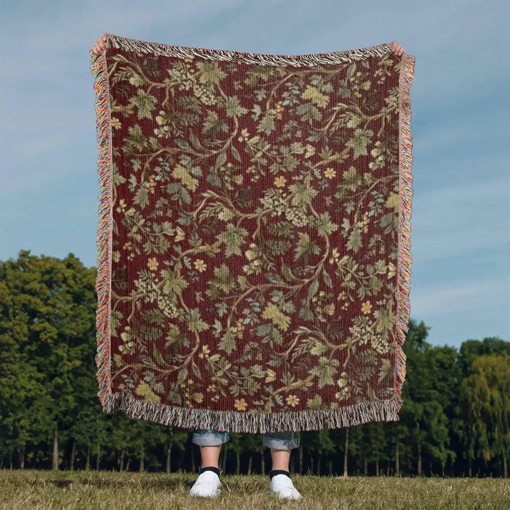 Heritage harvest woven throw blanket with botanical woodland tapestry