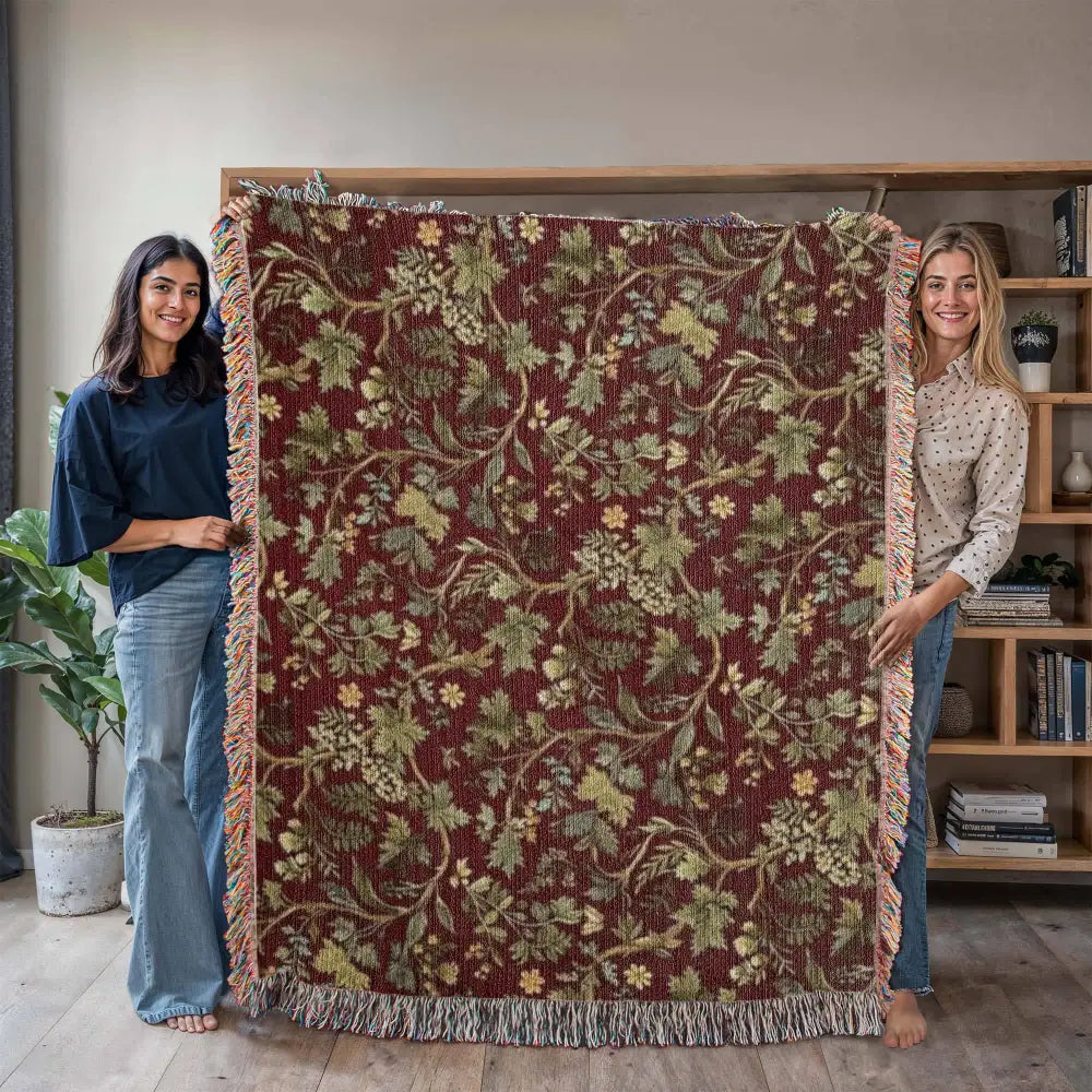 Heritage harvest woven throw blanket with botanical woodland tapestry