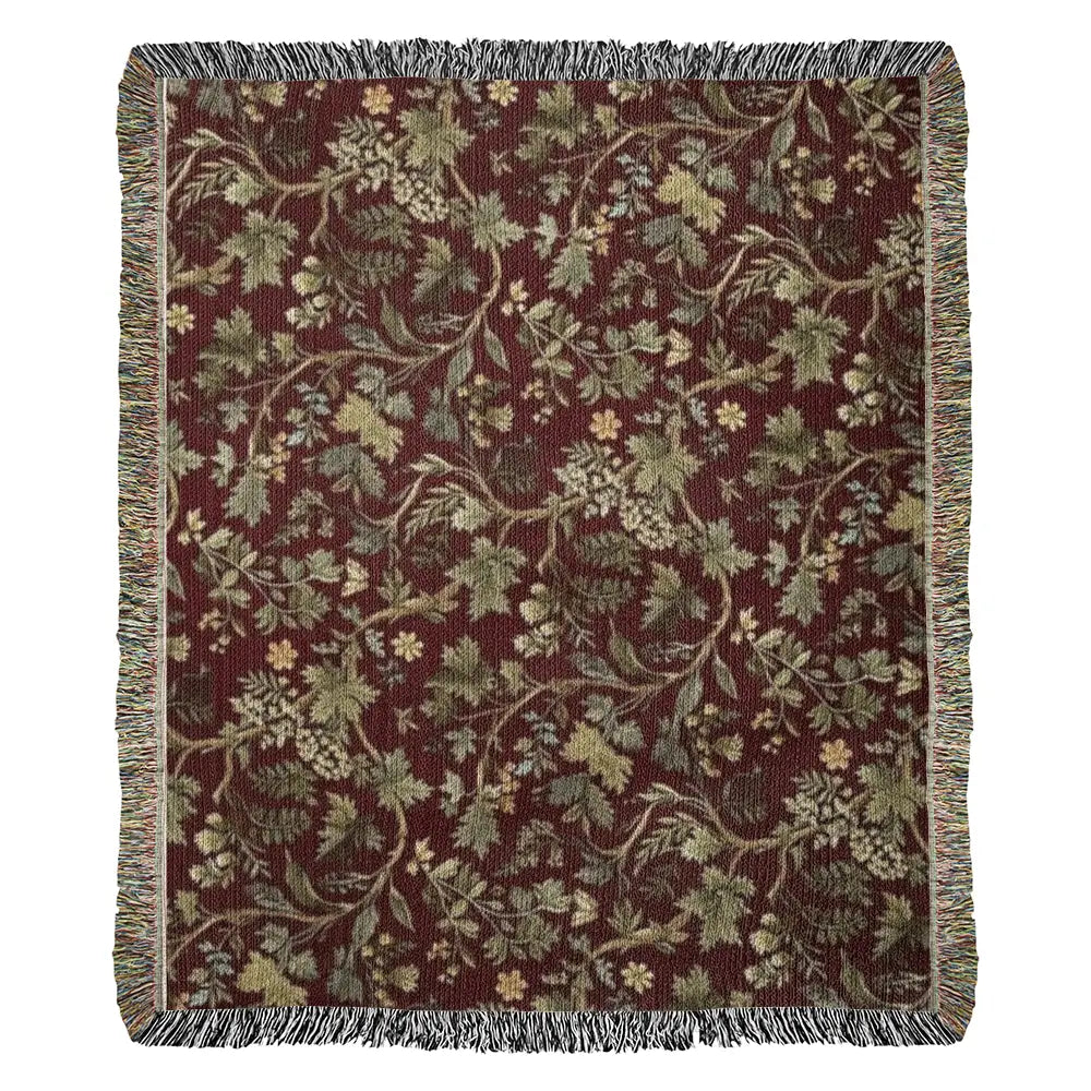 Heritage harvest woven throw blanket with botanical woodland tapestry pattern