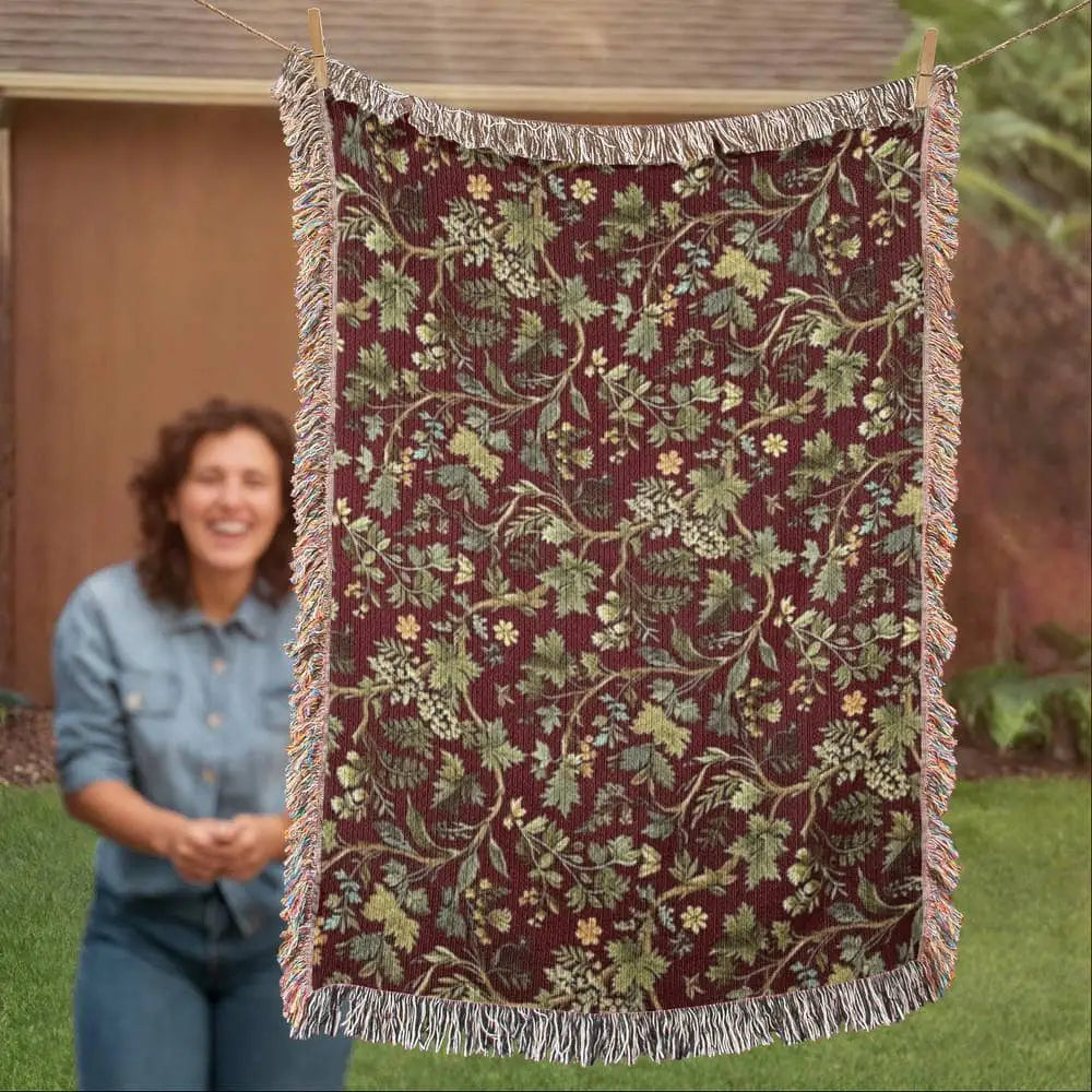 Heritage Harvest woven throw blanket with botanical woodland tapestry pattern