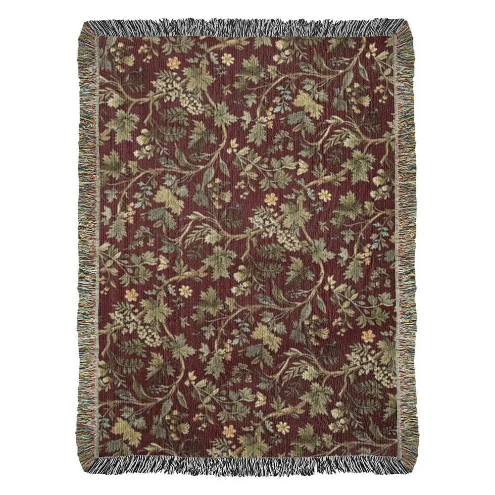 Heritage harvest woven throw blanket with botanical woodland tapestry design