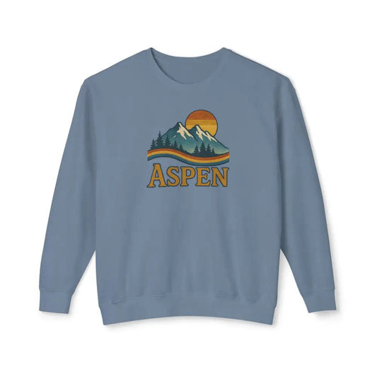 Light blue Heritage Mountain Crewneck sweatshirt with mountain and sun graphic for Aspen Heritage mountain style