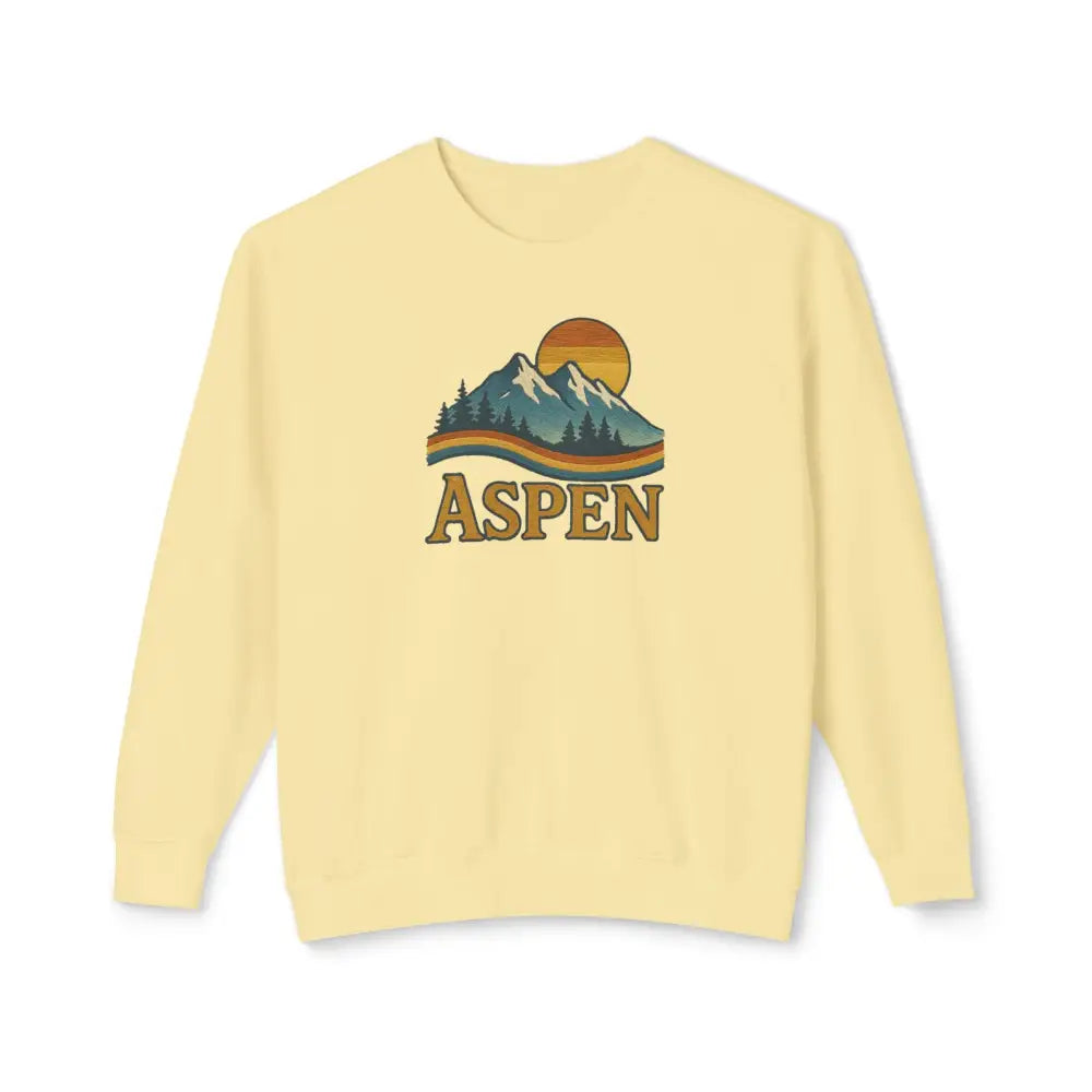 Light yellow Heritage Mountain crewneck sweatshirt with sunset graphic