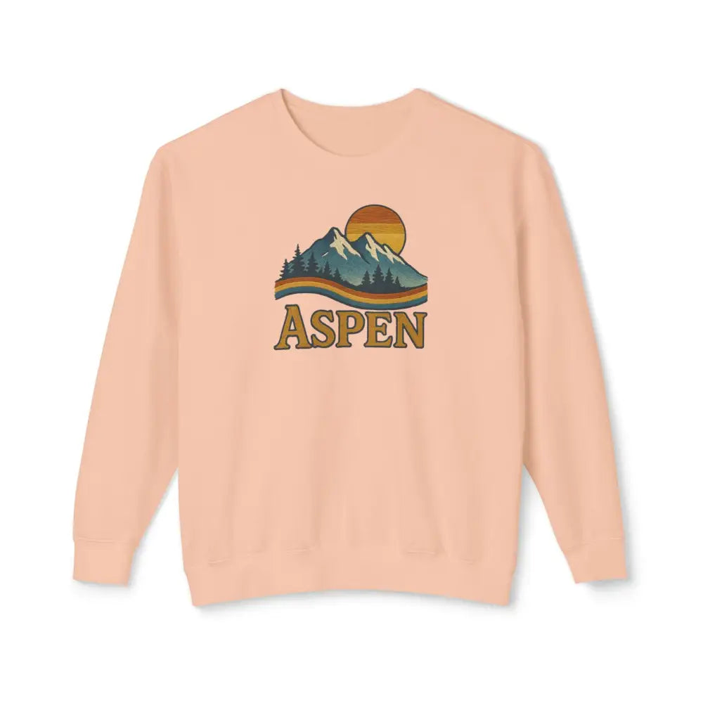 Heritage Mountain crewneck sweatshirt with light peach mountain sunset graphic