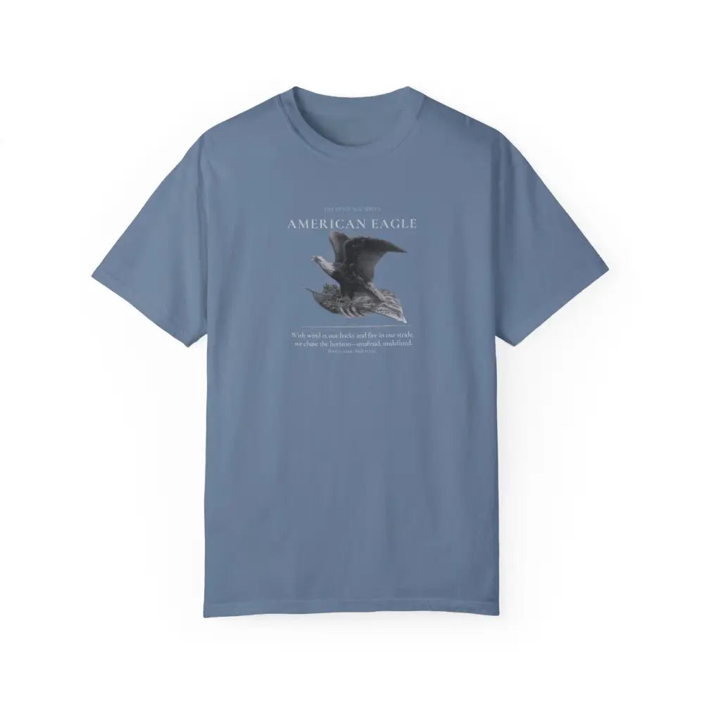 Blue American Eagle Heritage Series graphic tee with embroidered corduroy