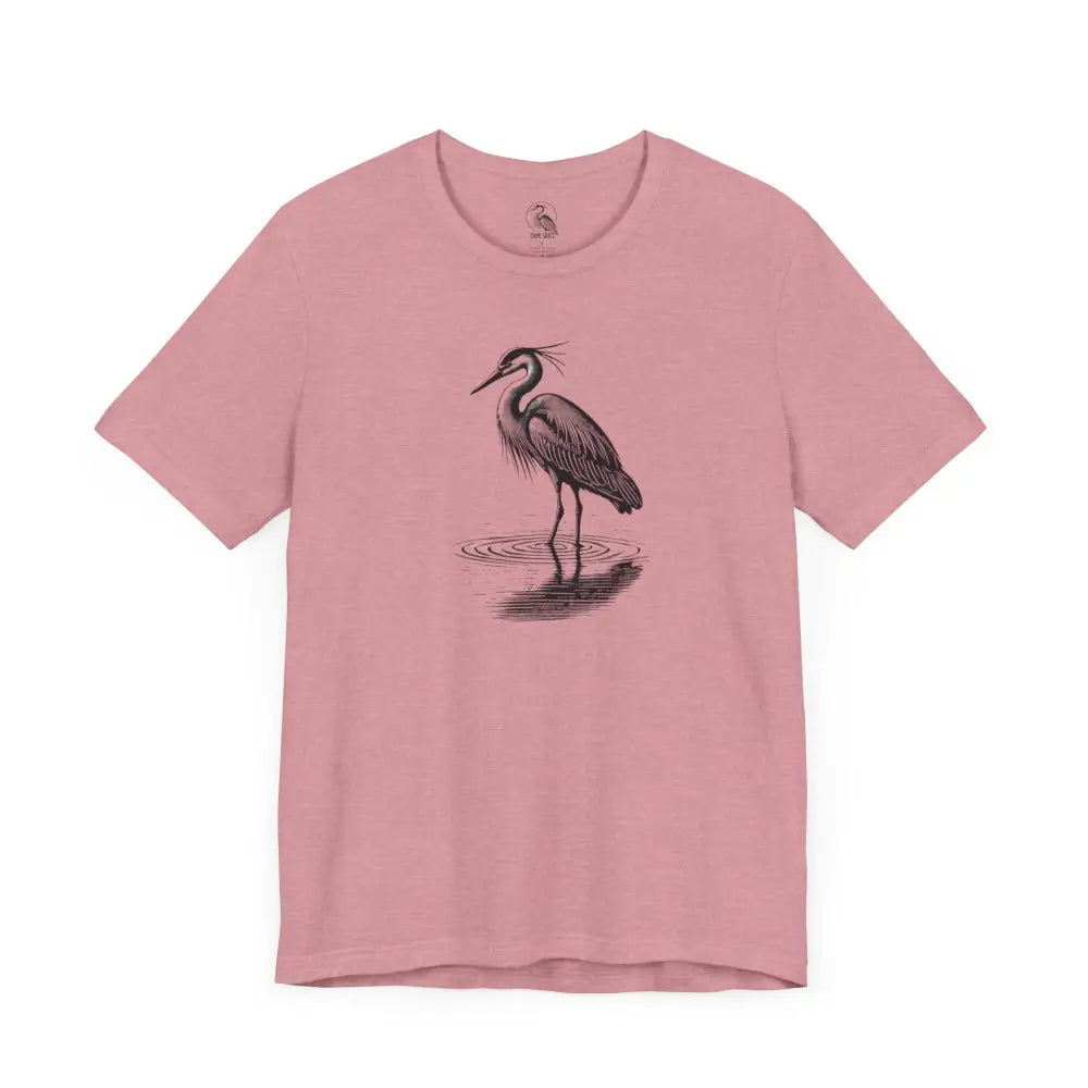 Pink minimalist heron reflection water graphic t-shirt by Trini Skies Supply