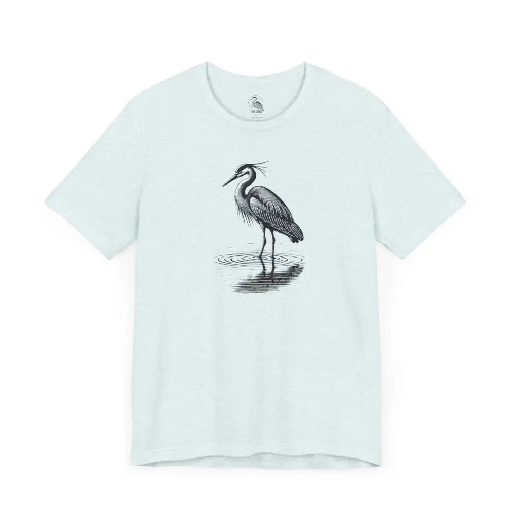 Light blue Minimalist Heron Reflection Wildlife Tee with water graphic
