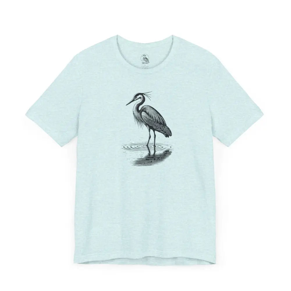 Minimalist Heron Reflection water graphic t-shirt in light blue with black and white heron, Trini Skies Supply