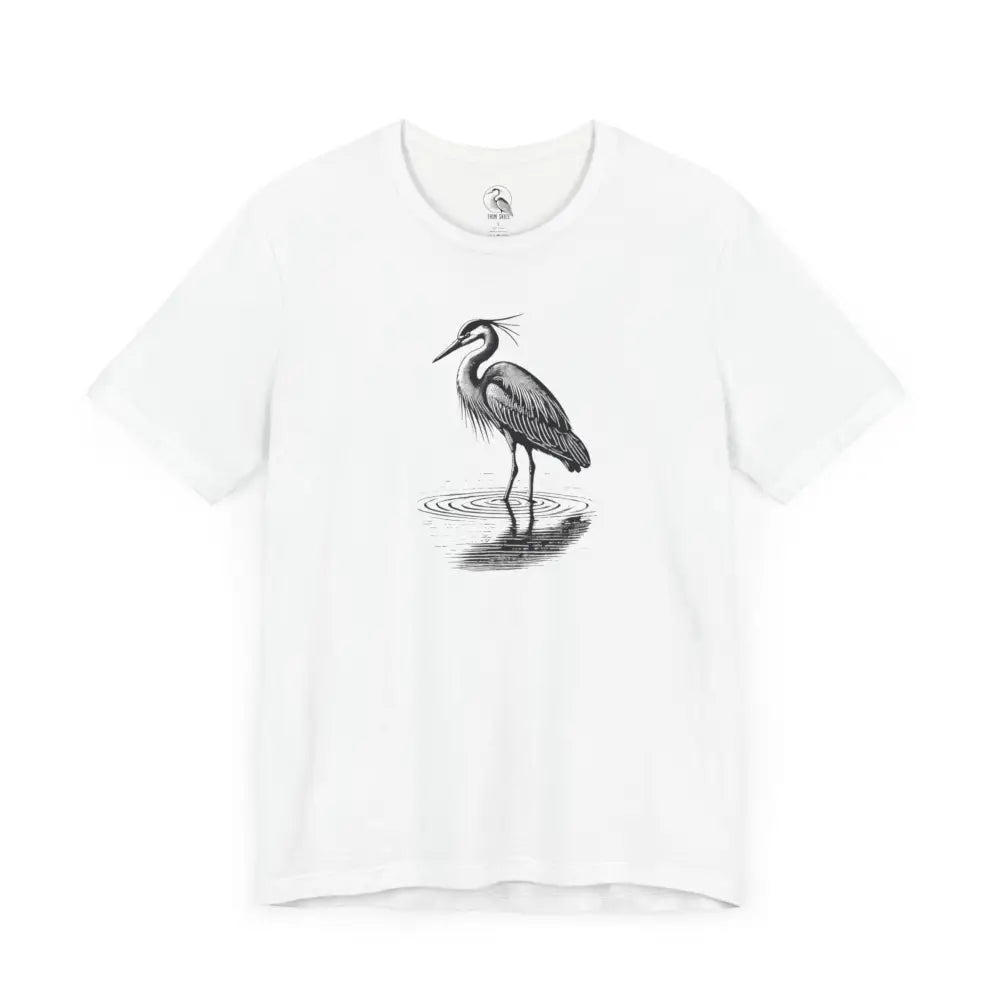 Minimalist Heron Reflection water graphic t-shirt by Trini Skies Supply