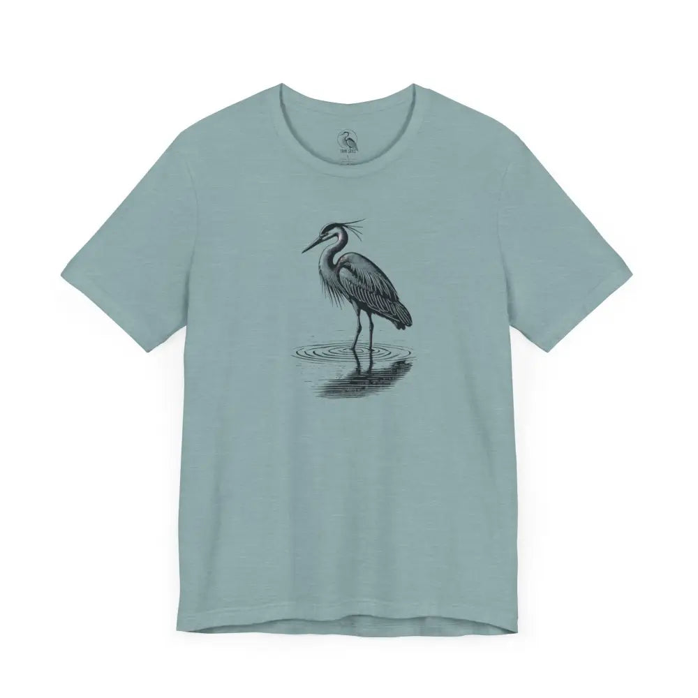 Minimalist Heron Reflection water graphic t-shirt in light blue