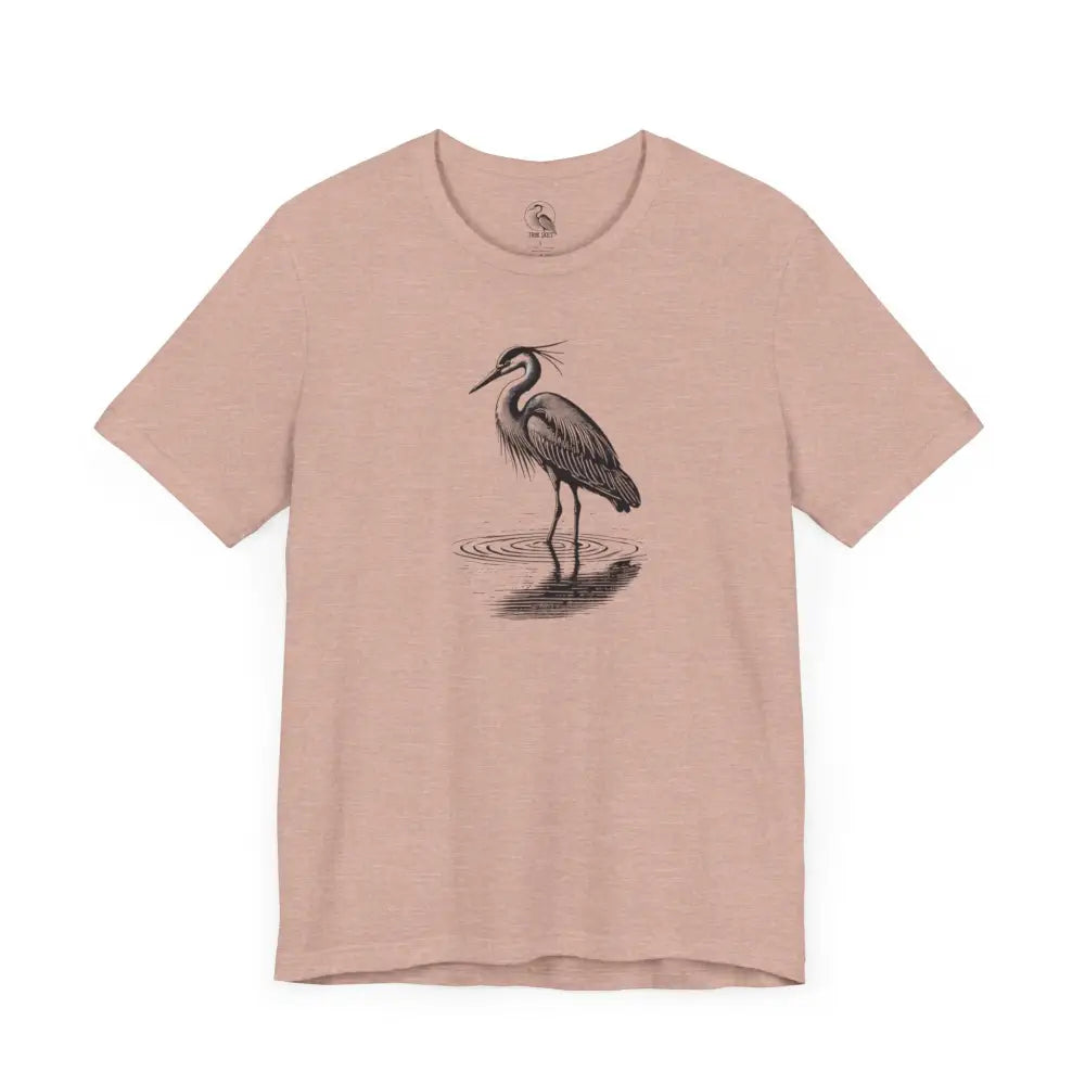 Minimalist Heron Reflection Wildlife Tee in light pink with water graphic