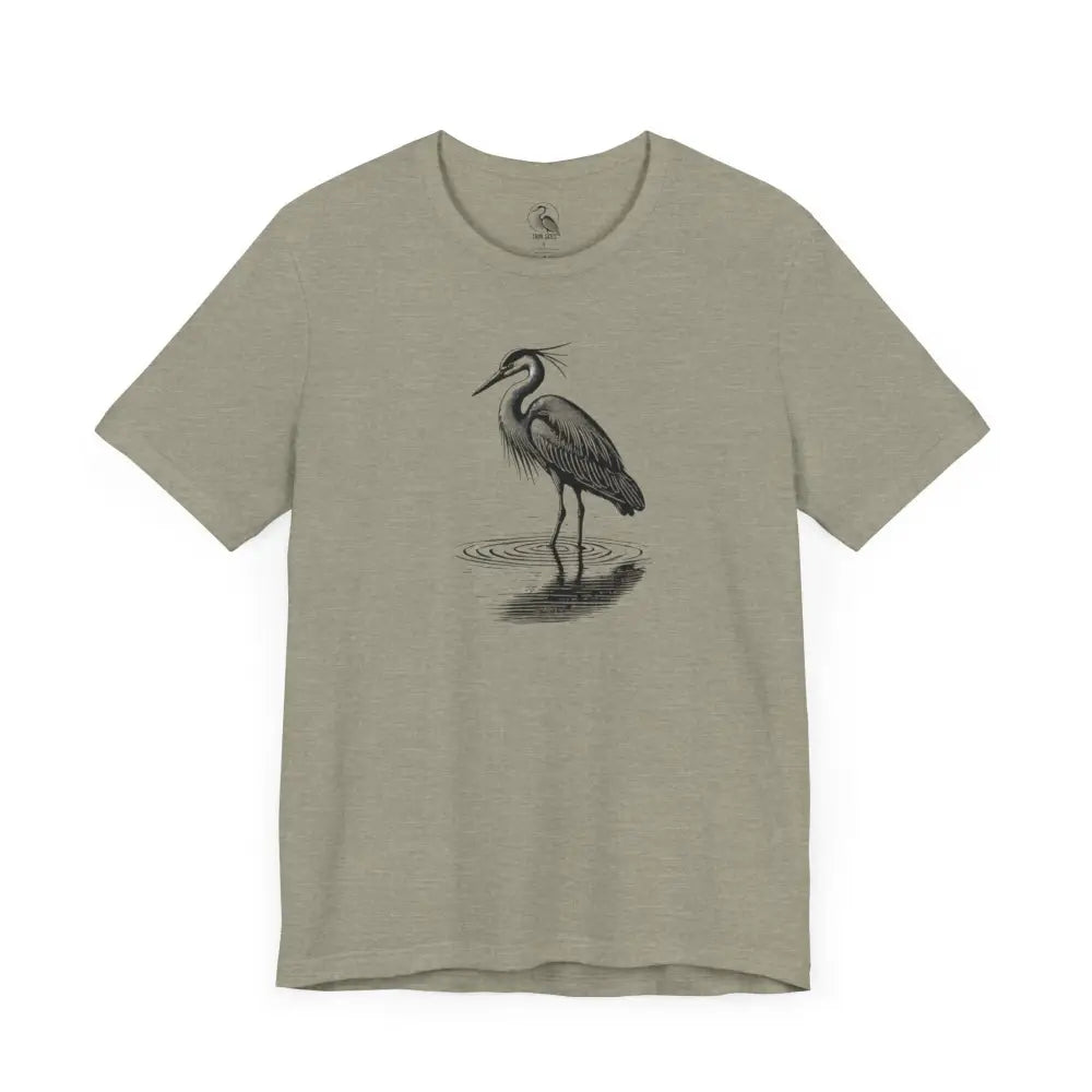 Minimalist heron water graphic t-shirt in light olive green