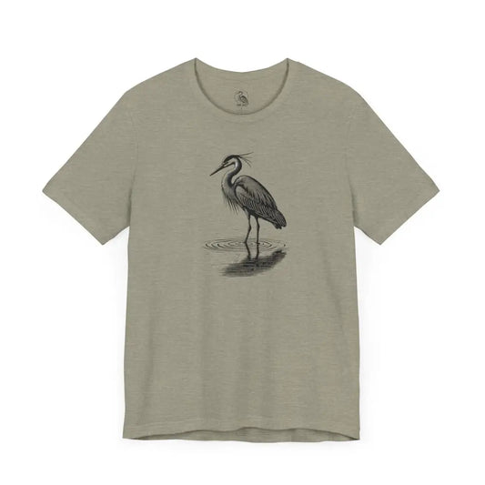 Minimalist heron water graphic t-shirt in light olive green