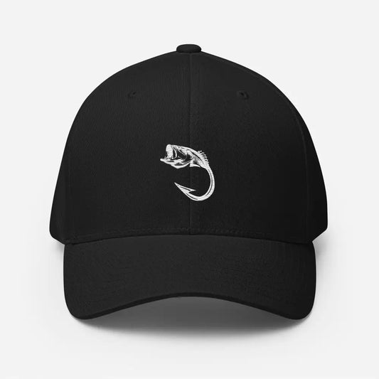 Hooked – Minimalist Fishing Flexfit Hat Campin Hiking Structured Twill Cap - Black / S/M - Hats black baseball cap