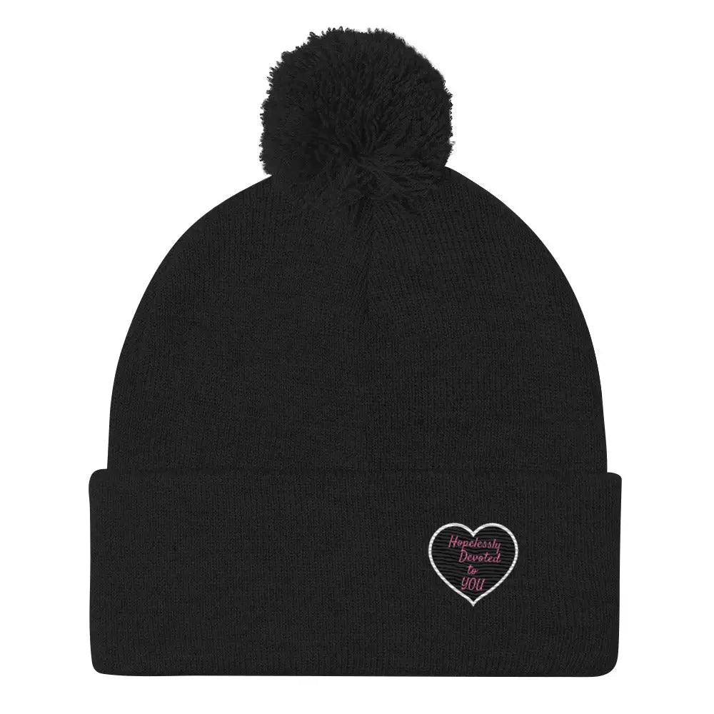 Hopelessly Devoted to You embroidered Valentine heart pom-pom beanie