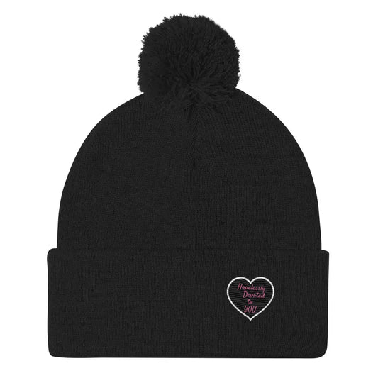 Hopelessly Devoted to You embroidered Valentine heart pom-pom beanie